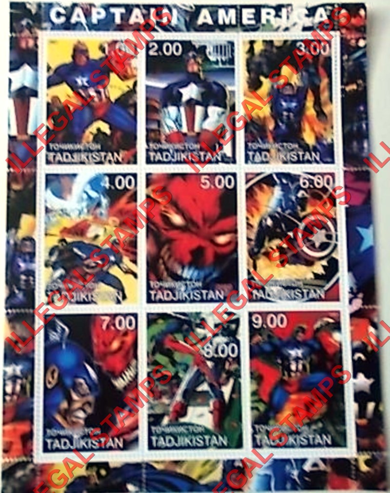 Tajikistan 2001 Captain America Illegal Stamp Souvenir Sheet of 9