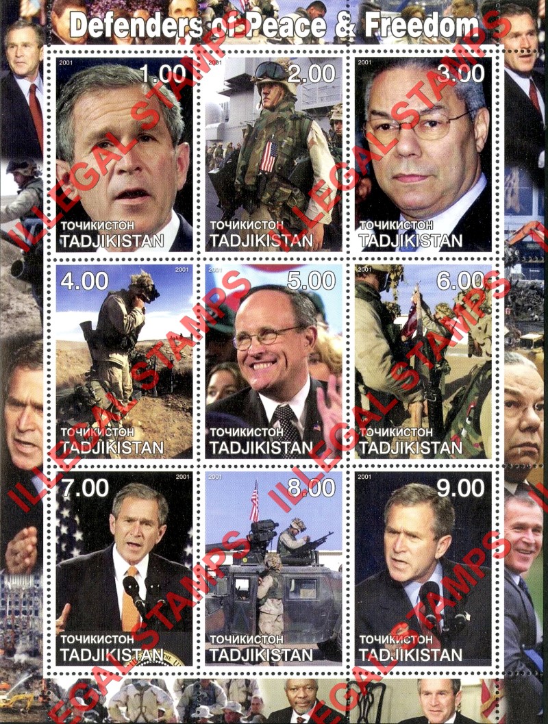 Tajikistan 2001 Defenders of Peace George Bush Illegal Stamp Souvenir Sheet of 9