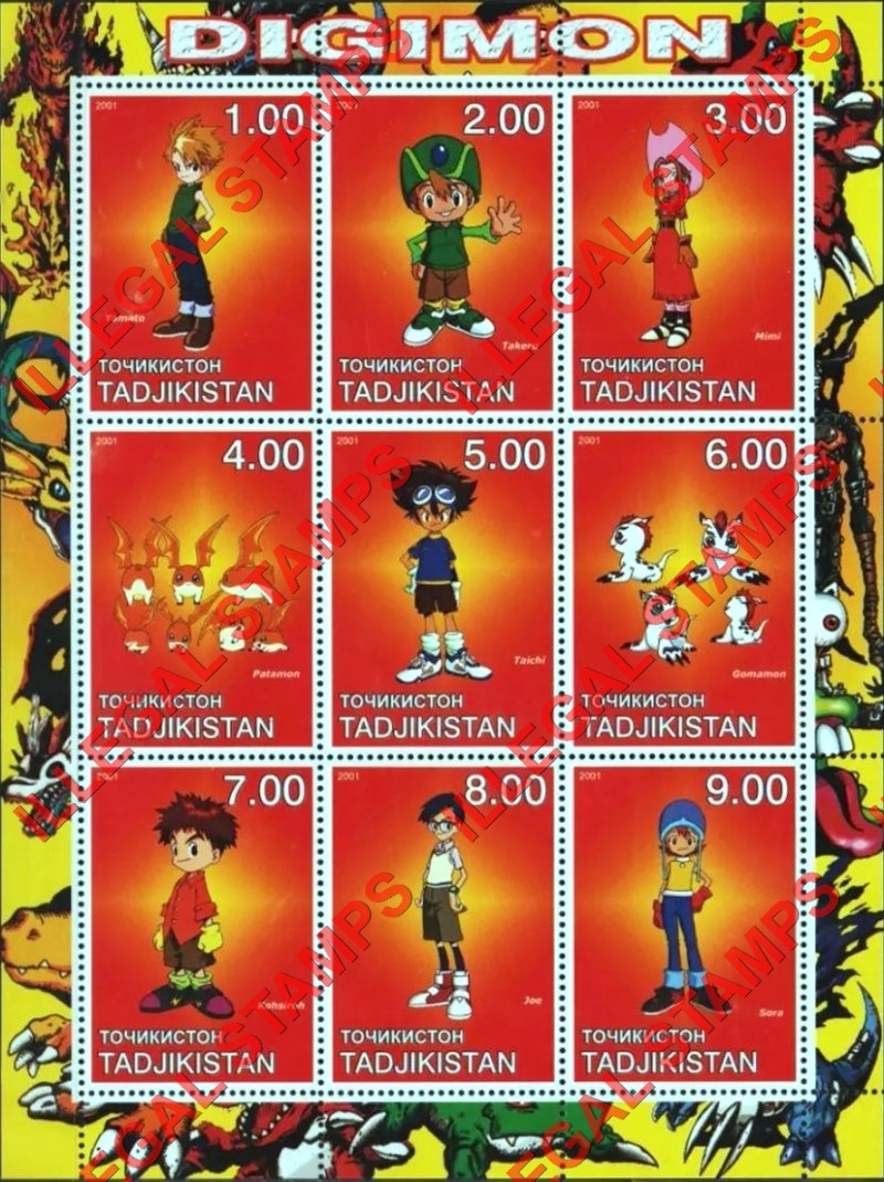 Tajikistan 2001 Digimon Illegal Stamp Souvenir Sheet of 9