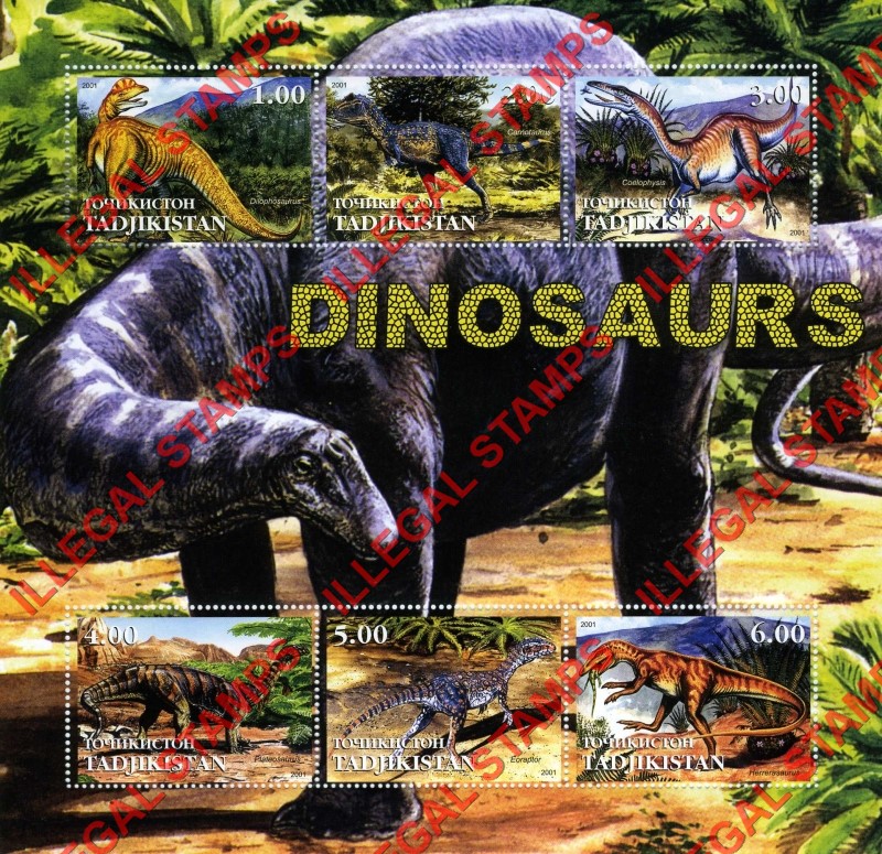 Tajikistan 2001 Dinosaurs Illegal Stamp Souvenir Sheet of 6