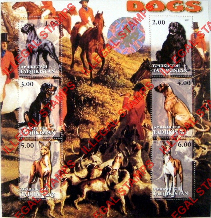 Tajikistan 2001 Dogs Illegal Stamp Souvenir Sheet of 6 with Hologram Scouts Logo