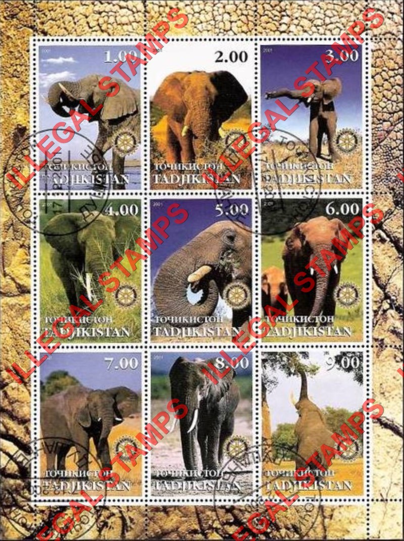 Tajikistan 2001 Elephants Illegal Stamp Souvenir Sheet of 9