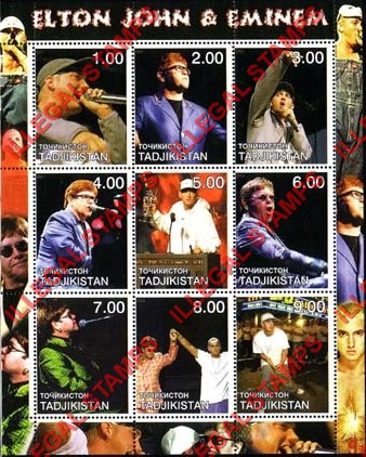 Tajikistan 2001 Elton John and Eminem Illegal Stamp Souvenir Sheet of 9