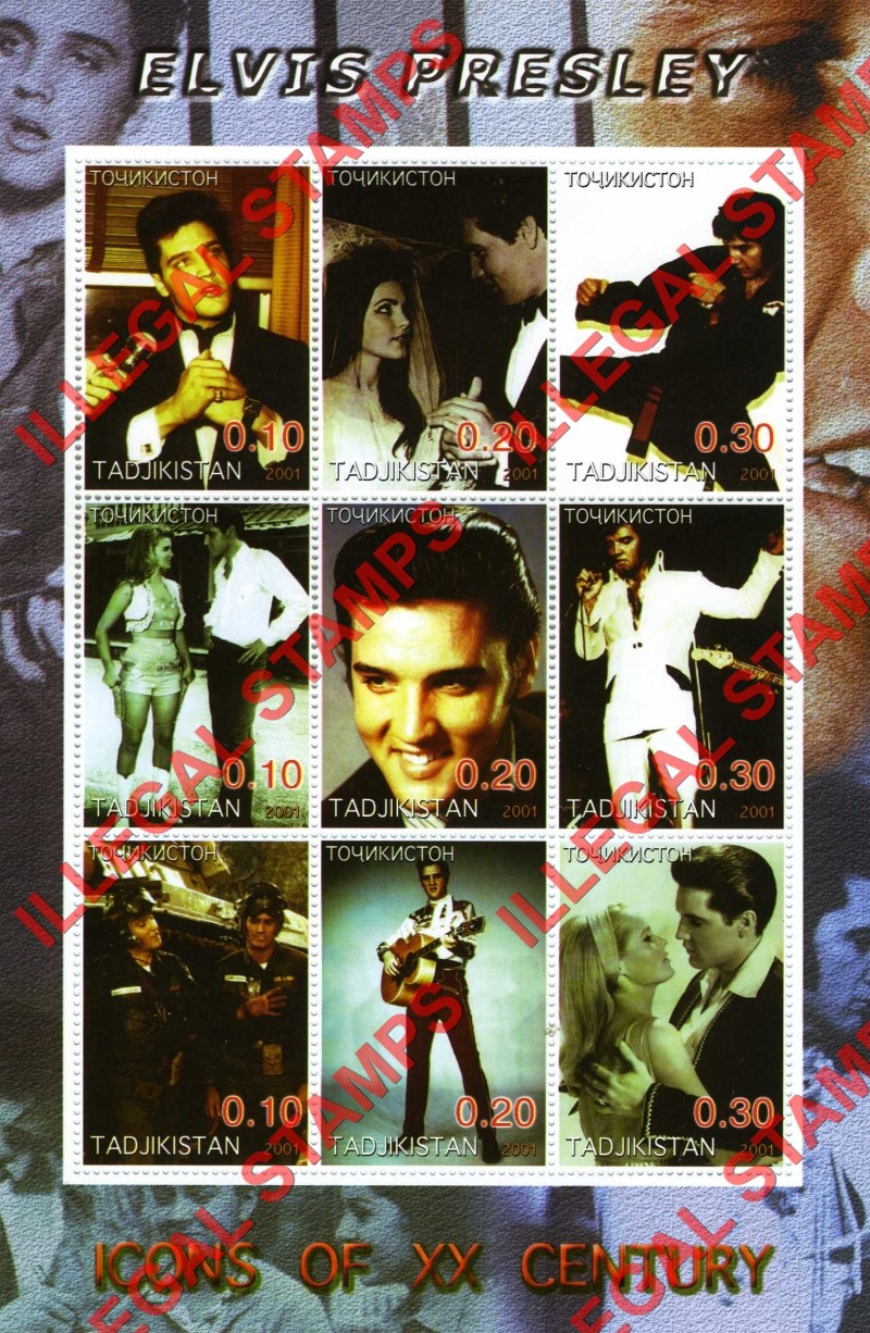 Tajikistan 2001 Elvis Presley Icons of the 20th Century Illegal Stamp Souvenir Sheet of 9
