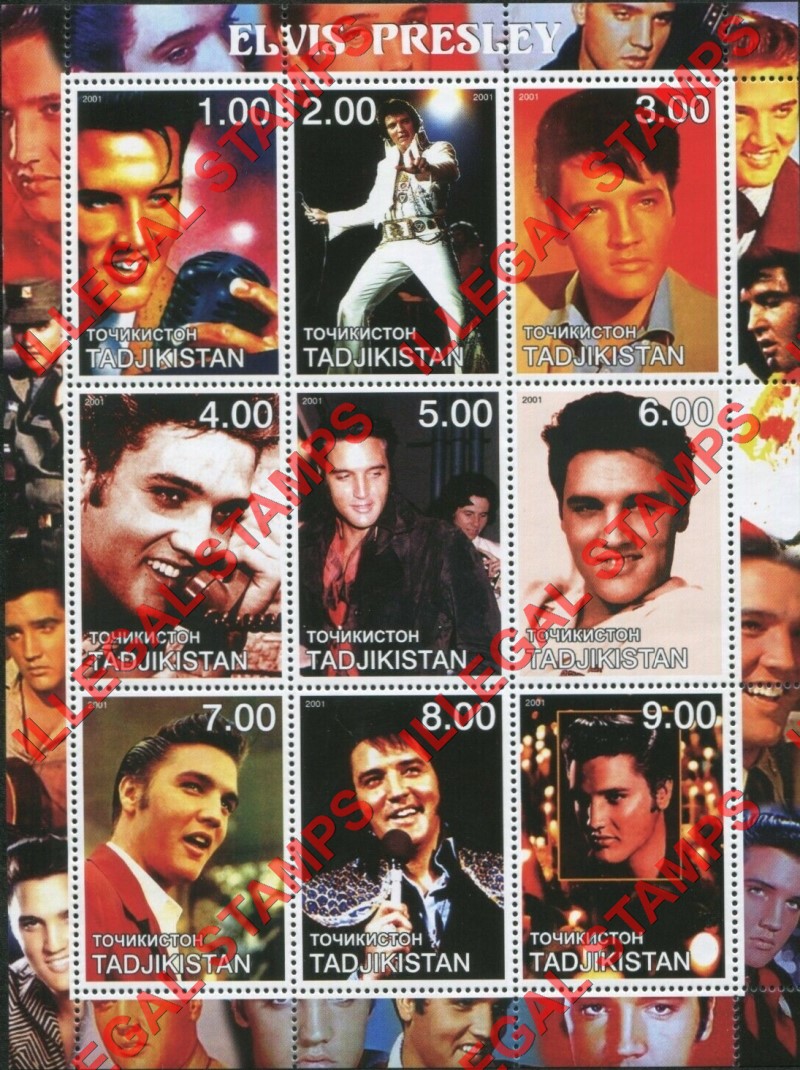 Tajikistan 2001 Elvis Presley Illegal Stamp Souvenir Sheet of 9