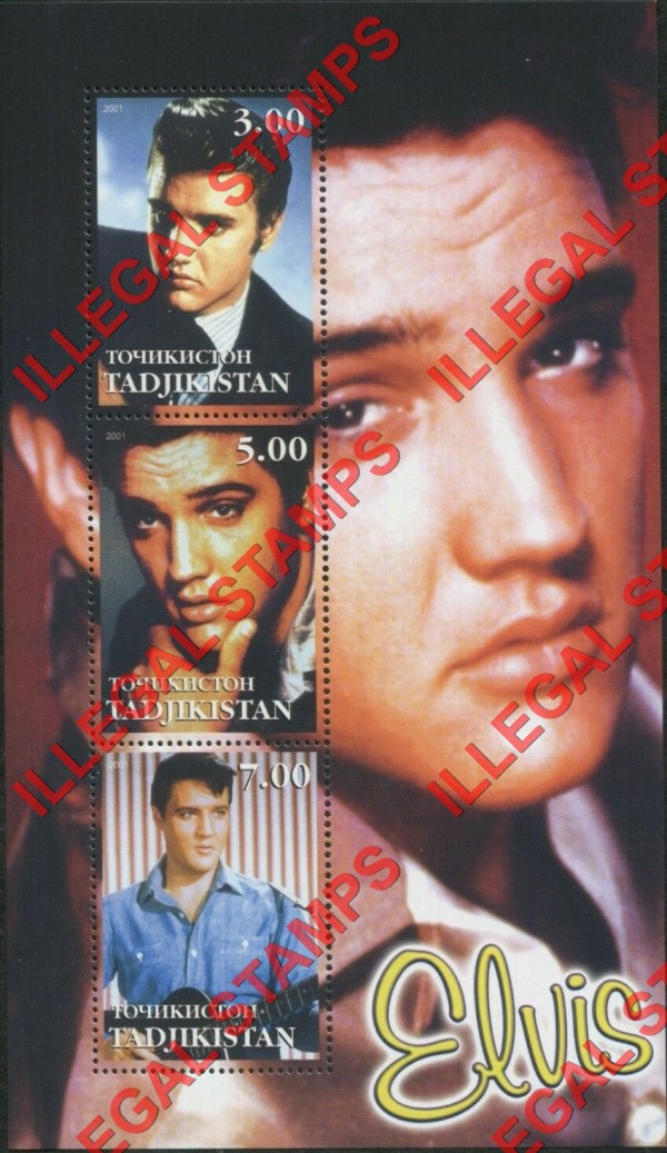 Tajikistan 2001 Elvis Presley Illegal Stamp Souvenir Sheet of 3