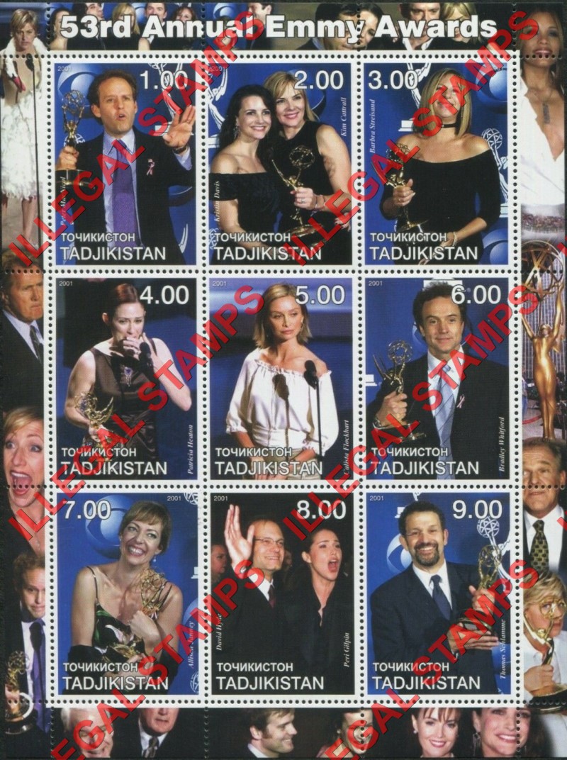 Tajikistan 2001 Emmy Award Winners Illegal Stamp Souvenir Sheet of 9