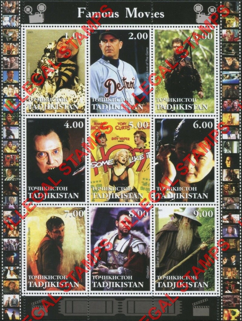 Tajikistan 2001 Famous Movies Illegal Stamp Souvenir Sheets of 9 (Sheet 1)