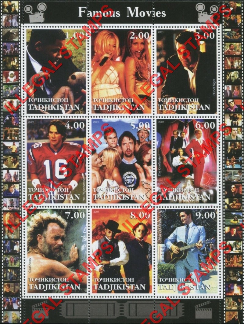 Tajikistan 2001 Famous Movies Illegal Stamp Souvenir Sheets of 9 (Sheet 3)