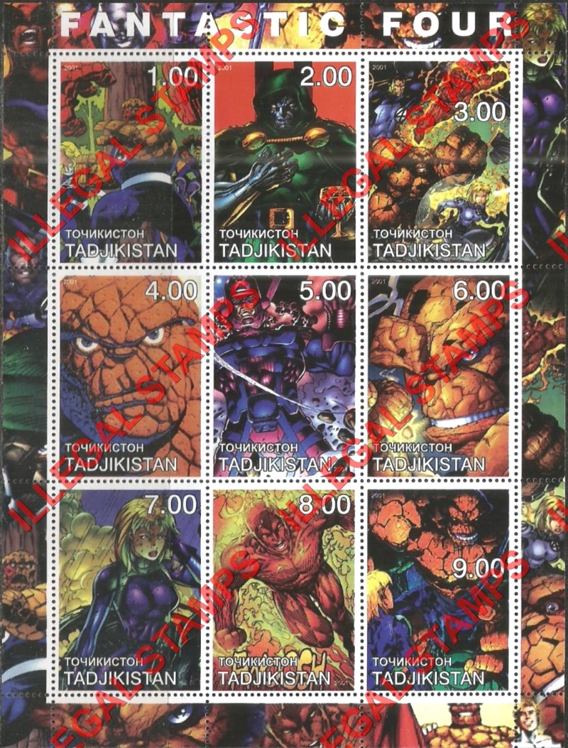Tajikistan 2001 Fantastic Four Illegal Stamp Souvenir Sheet of 9