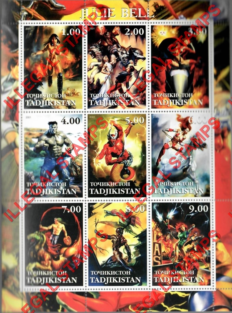 Tajikistan 2001 Fantasy Art by Julie Bell Illegal Stamp Souvenir Sheet of 9