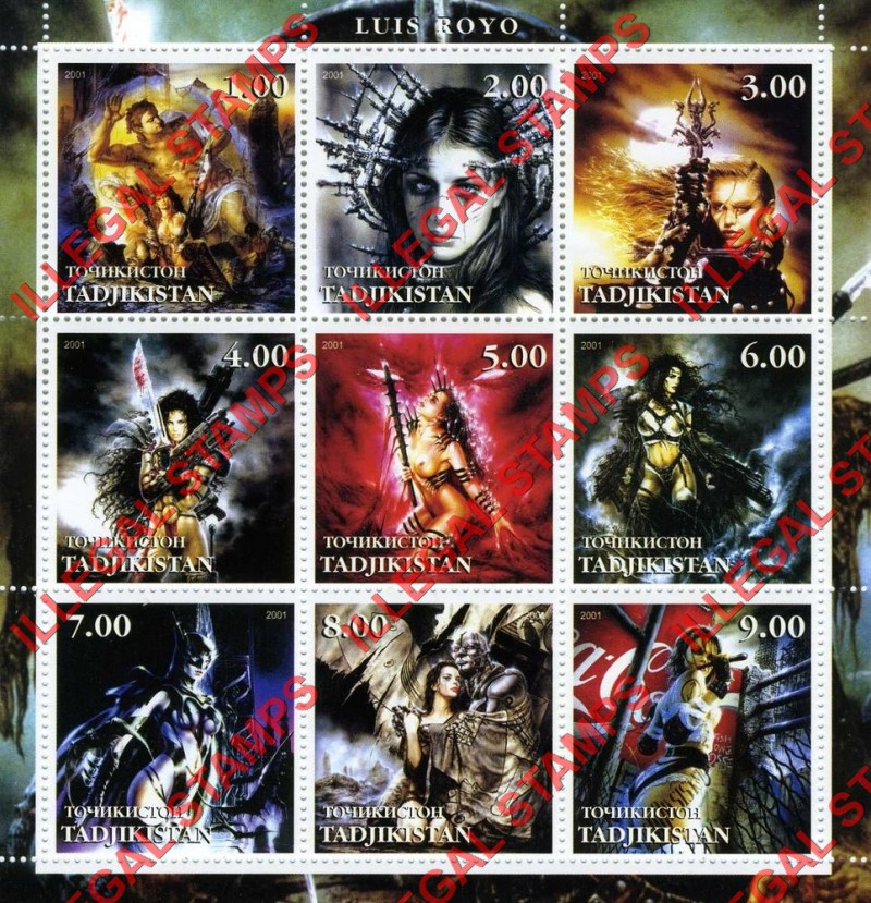 Tajikistan 2001 Fantasy Art by Luis Royo Illegal Stamp Souvenir Sheet of 9