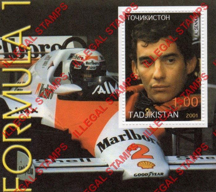 Tajikistan 2001 Formula I Drivers Airton Senna Illegal Stamp Souvenir Sheet of 1
