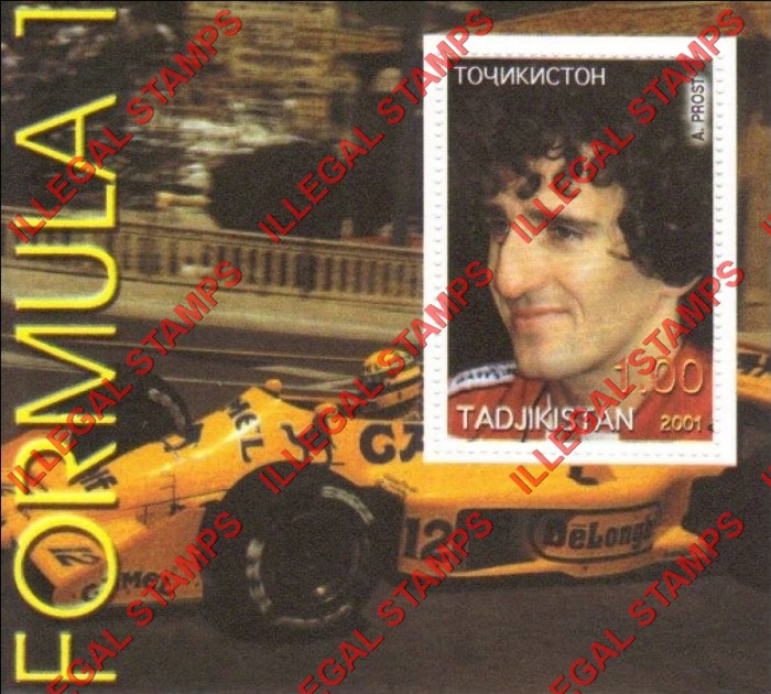 Tajikistan 2001 Formula I Drivers Alain Prost Illegal Stamp Souvenir Sheet of 1