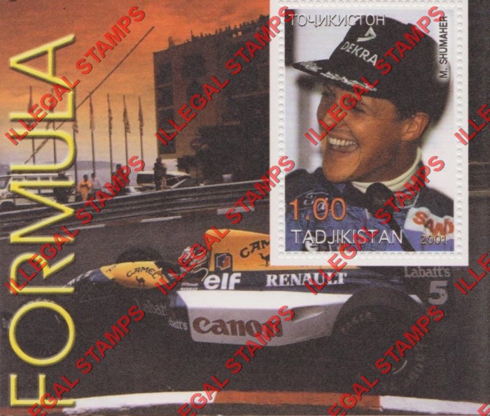 Tajikistan 2001 Formula I Drivers Michael Schumacher Illegal Stamp Souvenir Sheet of 1