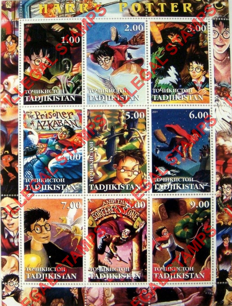 Tajikistan 2001 Harry Potter Illegal Stamp Souvenir Sheet of 9