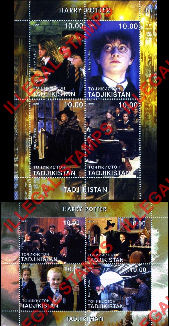 Tajikistan 2001 Harry Potter Illegal Stamp Souvenir Sheets of 4