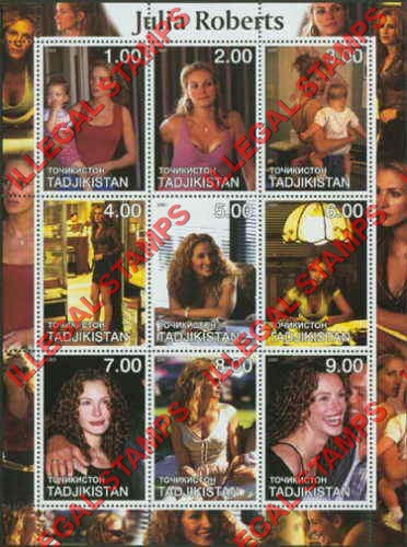 Tajikistan 2001 Julia Roberts Illegal Stamp Souvenir Sheet of 9