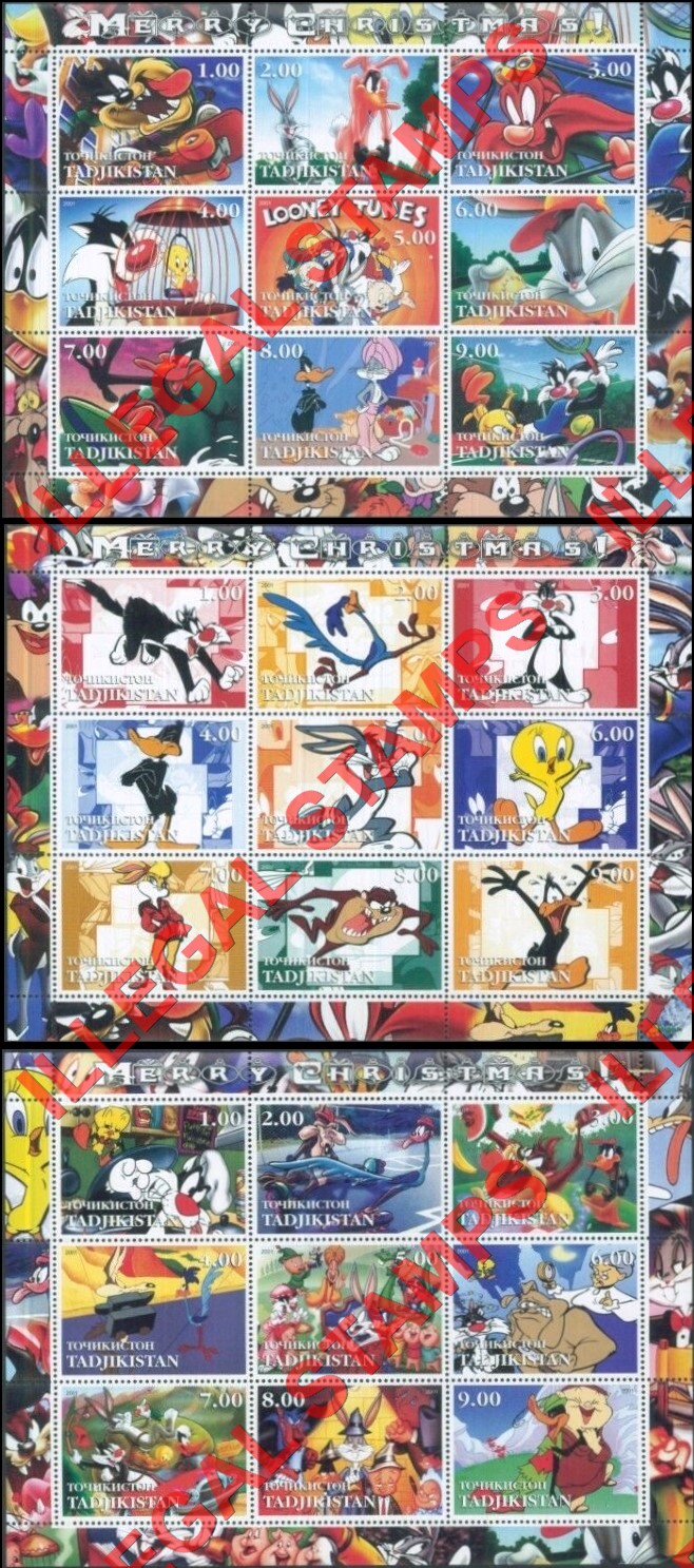 Tajikistan 2001 Looney Tunes Christmas Illegal Stamp Souvenir Sheet of 9