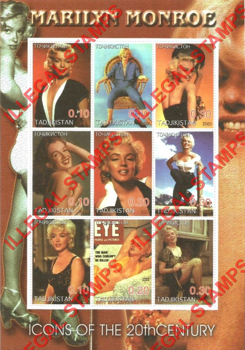Tajikistan 2001 Marilyn Monroe Illegal Stamp Souvenir Sheet of 9