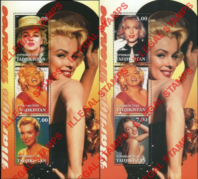 Tajikistan 2001 Marilyn Monroe Illegal Stamp Souvenir Sheets of 3