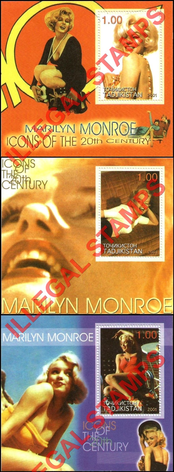 Tajikistan 2001 Marilyn Monroe Illegal Stamp Souvenir Sheets of 1