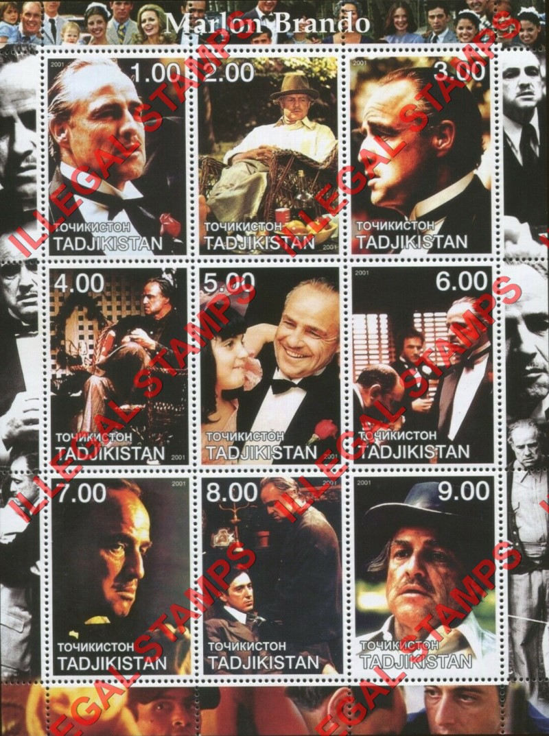 Tajikistan 2001 Marlon Brando Illegal Stamp Souvenir Sheet of 9