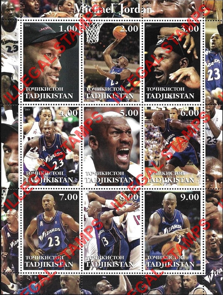 Tajikistan 2001 Michael Jordan Basketball Illegal Stamp Souvenir Sheet of 9