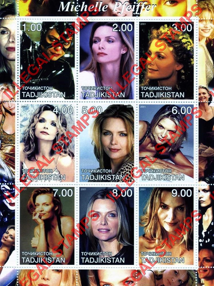 Tajikistan 2001 Michelle Pfeiffer Illegal Stamp Souvenir Sheet of 9
