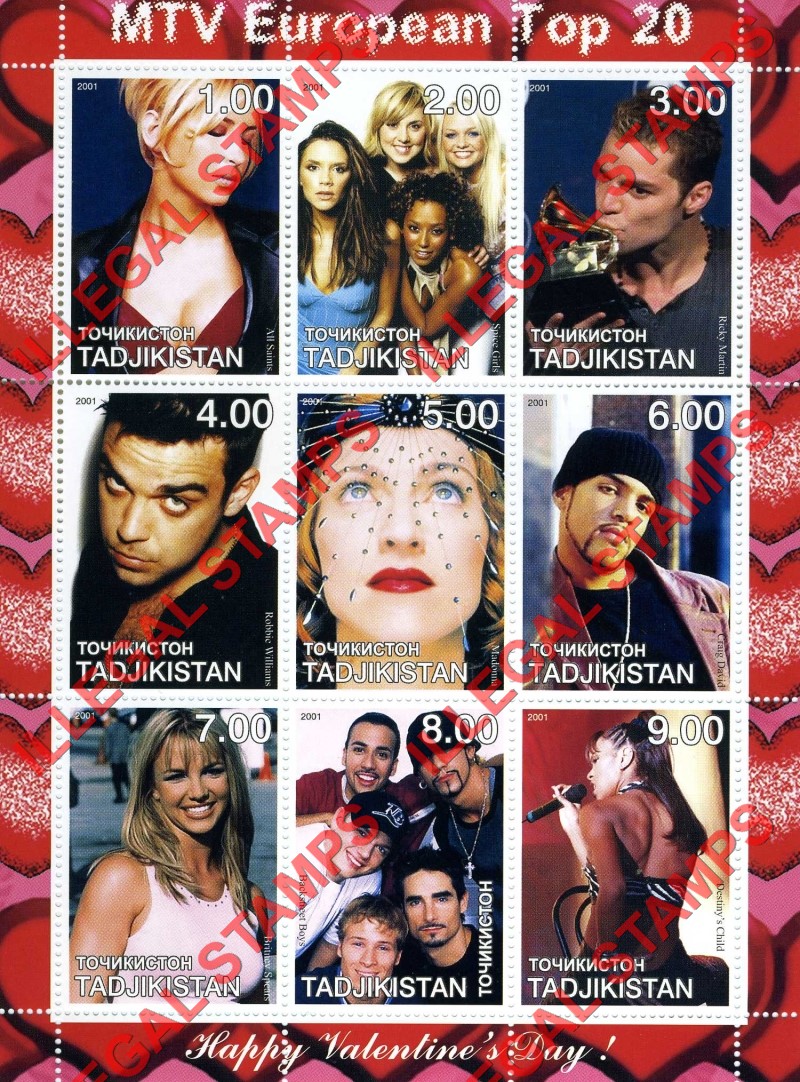 Tajikistan 2001 MTV European Top 20 Illegal Stamp Souvenir Sheet of 9