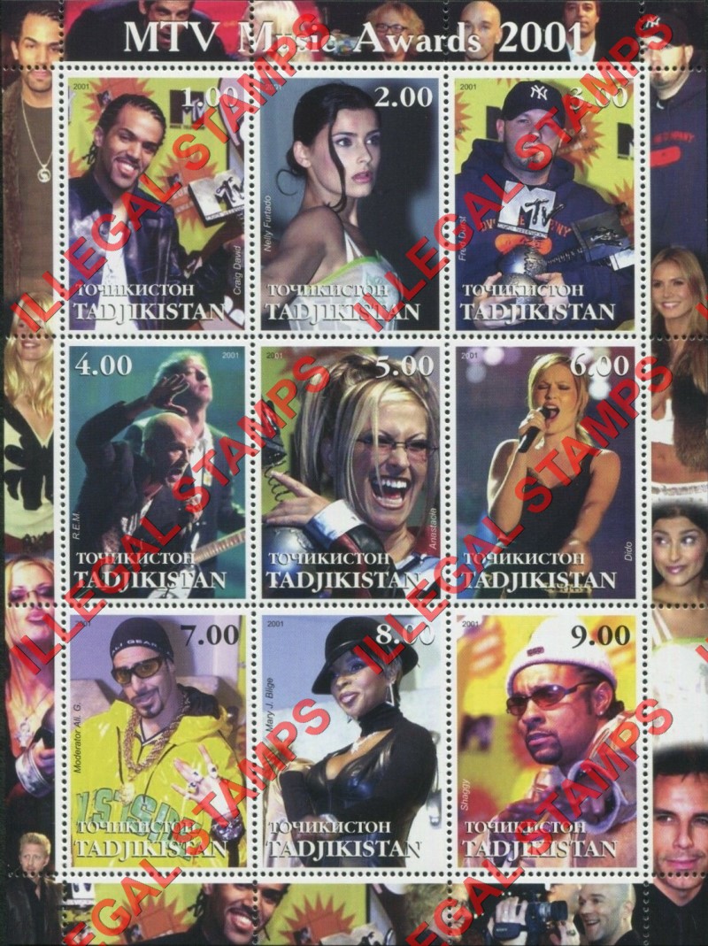 Tajikistan 2001 MTV Music Awards Illegal Stamp Souvenir Sheet of 9