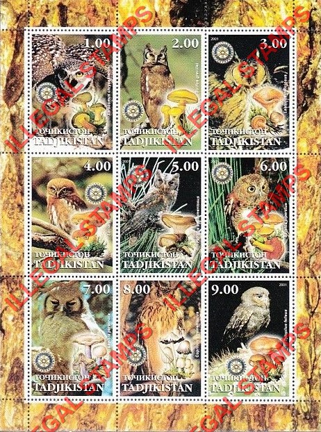 Tajikistan 2001 Owls and Mushrooms Illegal Stamp Souvenir Sheet of 9