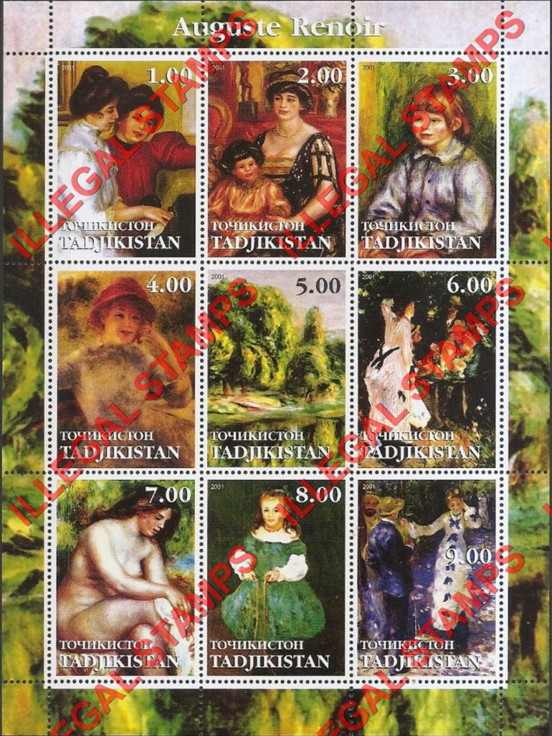 Tajikistan 2001 Paintings by Auguste Renoir Illegal Stamp Souvenir Sheet of 9