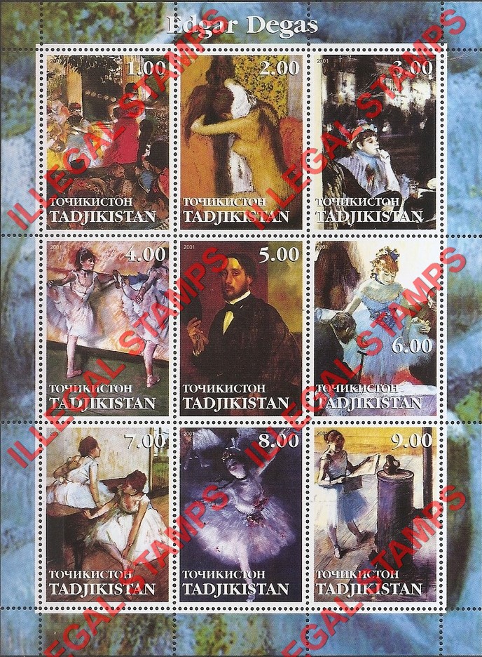 Tajikistan 2001 Paintings by Edgar Degas Illegal Stamp Souvenir Sheet of 9