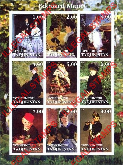 Tajikistan 2001 Paintings by Edouard Manet Illegal Stamp Souvenir Sheet of 9