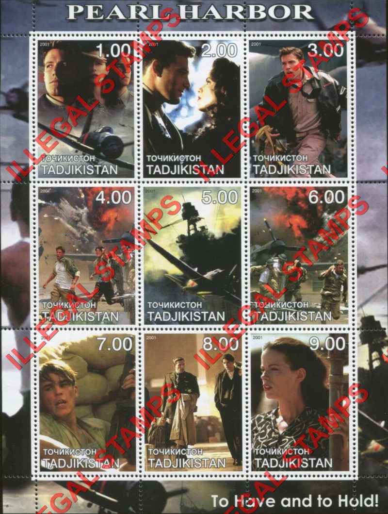 Tajikistan 2001 Pearl Harbor Movie Illegal Stamp Souvenir Sheet of 9