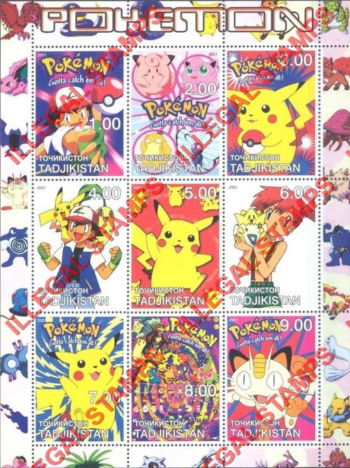 Tajikistan 2001 Pokemon Illegal Stamp Souvenir Sheet of 9