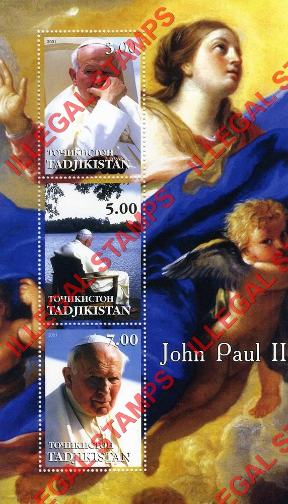 Tajikistan 2001 Pope John Paul II Illegal Stamp Souvenir Sheet of 3