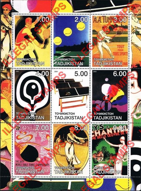 Tajikistan 2001 Poster Art Tennis Illegal Stamp Souvenir Sheet of 9