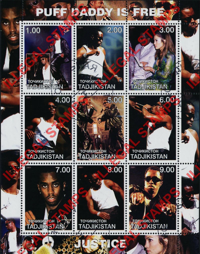 Tajikistan 2001 Puff Daddy is Free Justice Illegal Stamp Souvenir Sheet of 9