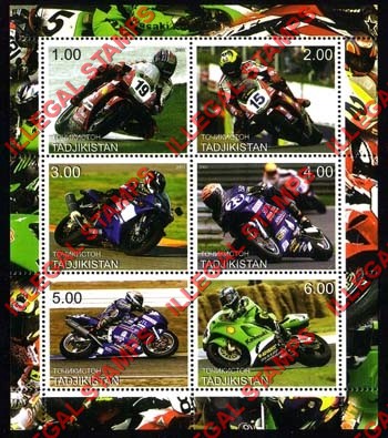 Tajikistan 2001 Racing Motorcycles Illegal Stamp Souvenir Sheet of 6