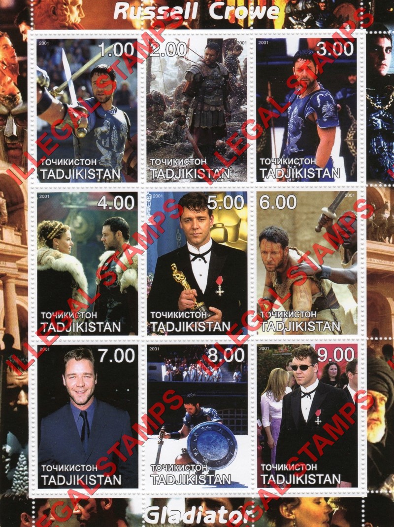Tajikistan 2001 Russell Crowe Gladiator Illegal Stamp Souvenir Sheet of 9