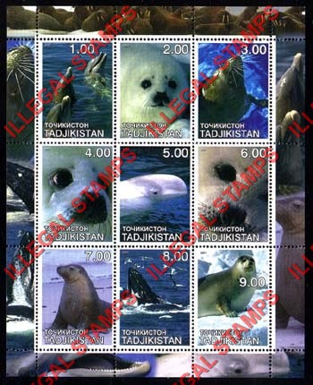 Tajikistan 2001 Seals Dolphins and Whales Illegal Stamp Souvenir Sheet of 9