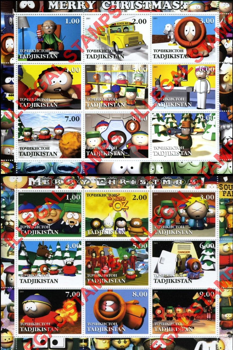 Tajikistan 2001 South Park Christmas Illegal Stamp Souvenir Sheets of 9