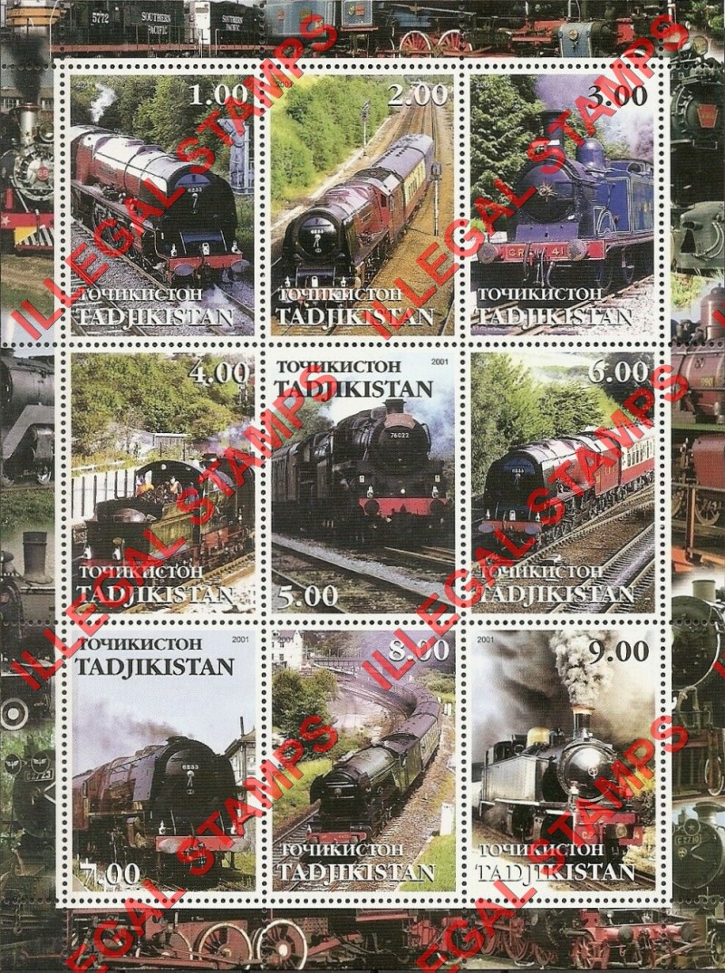 Tajikistan 2001 Steam Locomotives Trains Illegal Stamp Souvenir Sheet of 9
