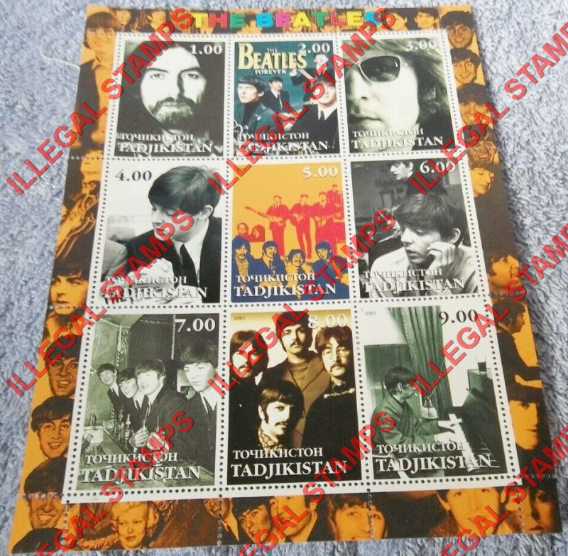 Tajikistan 2001 The Beatles Illegal Stamp Souvenir Sheet of 9