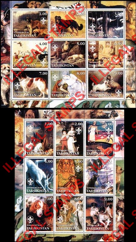Tajikistan 2002 Dogs Paintings with Scout logo Illegal Stamp Souvenir Sheets of 9