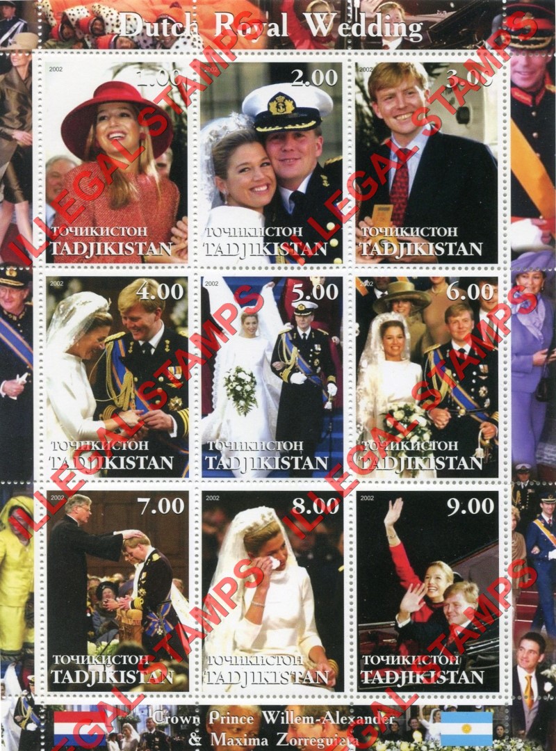 Tajikistan 2002 Dutch Royal Wedding Illegal Stamp Souvenir Sheet of 9