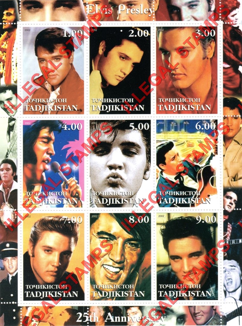 Tajikistan 2002 Elvis Presley Illegal Stamp Souvenir Sheet of 9