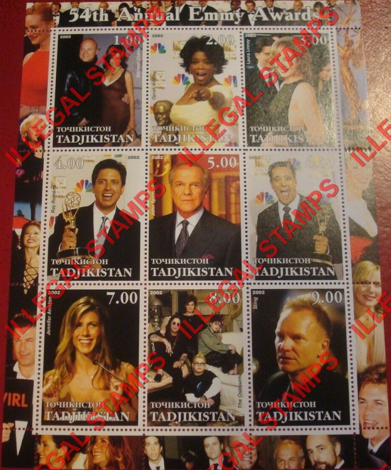 Tajikistan 2002 Emmy Awards Illegal Stamp Souvenir Sheet of 9